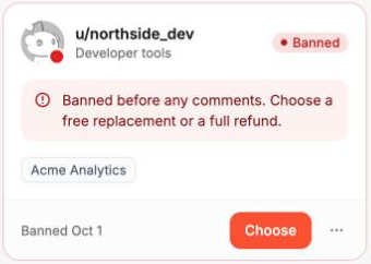 A banned account's card on the Accounts page