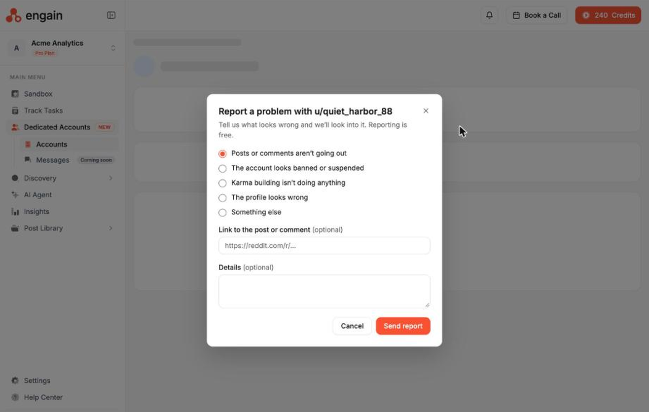 Reporting a problem with an account